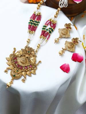 Gold plated elephant design emerald studded temple jewellery set 1