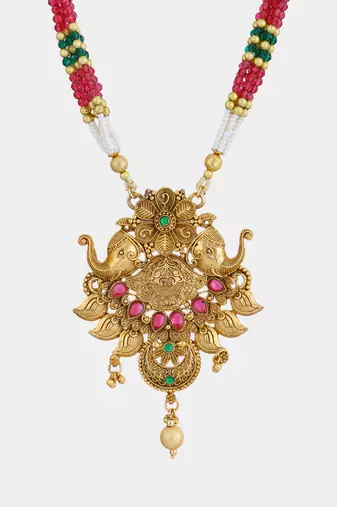 Gold plated elephant design emerald studded temple jewellery set