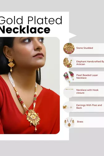 Gold plated elephant design emerald studded temple jewellery set