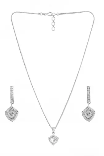 Silver-plated kundan neckpiece with ad stone and matching studs