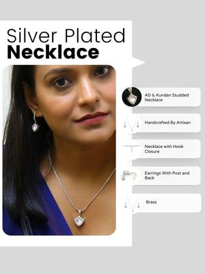 Silver-plated kundan neckpiece with ad stone and matching studs 5
