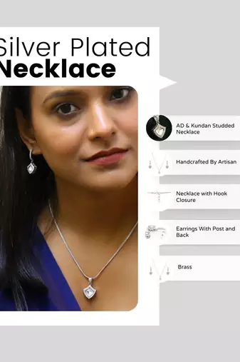Silver-plated kundan neckpiece with ad stone and matching studs