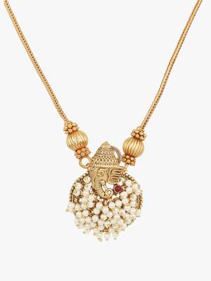 Women gold plated ganpati temple pearl beaded chain set 3