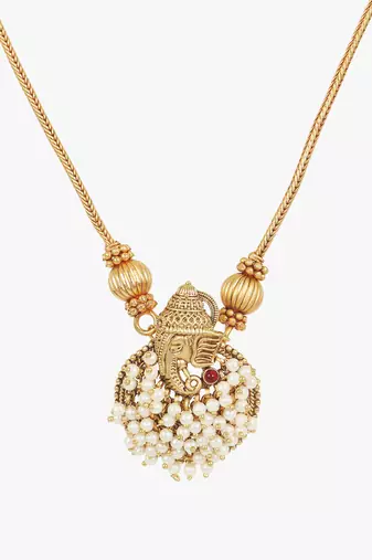 Women gold plated ganpati temple pearl beaded chain set