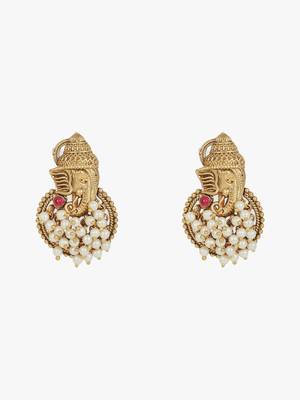 Women gold plated ganpati temple pearl beaded chain set 5