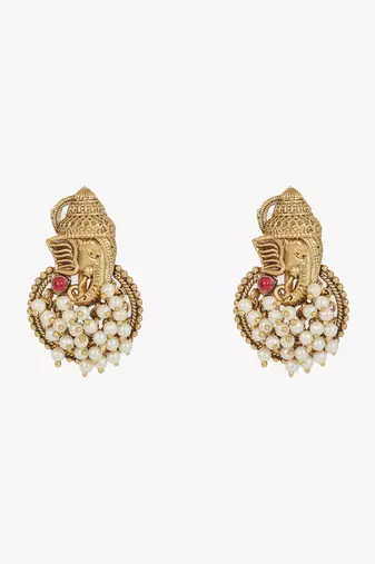 Women gold plated ganpati temple pearl beaded chain set
