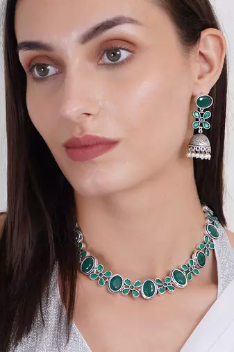 Beautiful oxidised green stones necklace with earings