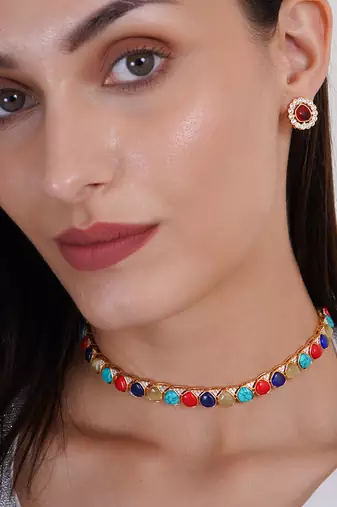 Gold plated beaded choker necklace set