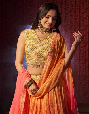 Orange Organza Sequin Work Lehenga Choli With Dupatta 2