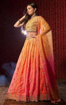 Orange Organza Sequin Work Lehenga Choli With Dupatta 3