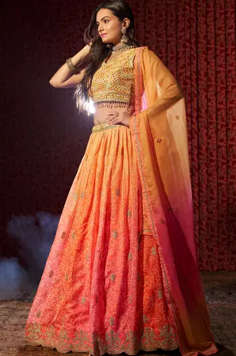 Orange Organza Sequin Work Lehenga Choli With Dupatta