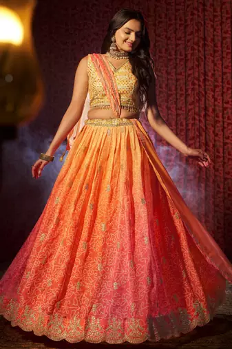 Orange Organza Sequin Work Lehenga Choli With Dupatta