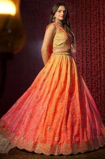Orange Organza Sequin Work Lehenga Choli With Dupatta