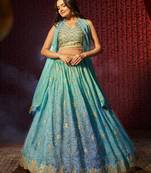 Sky-Blue Colored Organza Embroidered And Printed Indian Dress Lehenga Choli Designs