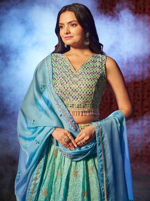 Sky-Blue Colored Organza Embroidered And Printed Indian Dress Lehenga Choli Designs 2