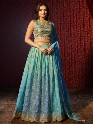 Sky-Blue Colored Organza Embroidered And Printed Indian Dress Lehenga Choli Designs 3