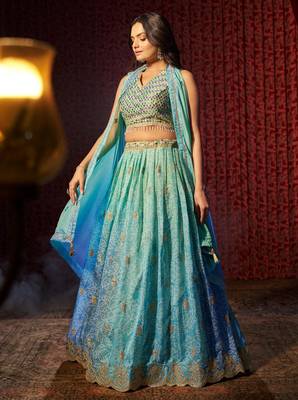 Sky-Blue Colored Organza Embroidered And Printed Indian Dress Lehenga Choli Designs 5