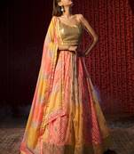  Yellow & Orange Colored Organza Embroidered And Printed Indian Lehenga Choli Designs