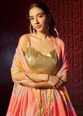  Yellow & Orange Colored Organza Embroidered And Printed Indian Lehenga Choli Designs 2