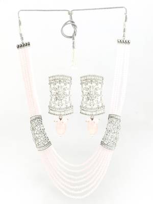 Women silver plated ad stone and pearl beaded jewellery set 3