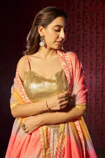  Yellow & Orange Colored Organza Embroidered And Printed Indian Lehenga Choli Designs