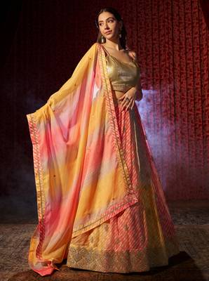  Yellow & Orange Colored Organza Embroidered And Printed Indian Lehenga Choli Designs 4