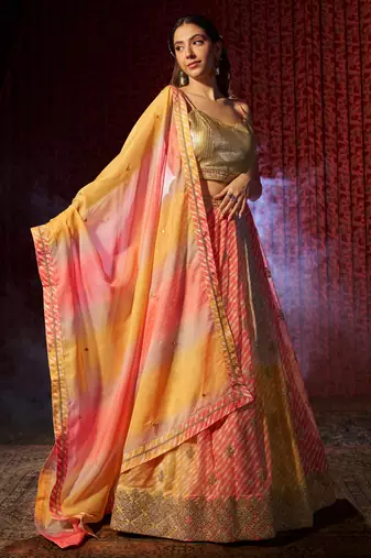  Yellow & Orange Colored Organza Embroidered And Printed Indian Lehenga Choli Designs