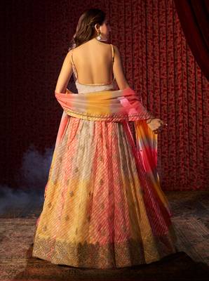  Yellow & Orange Colored Organza Embroidered And Printed Indian Lehenga Choli Designs 5