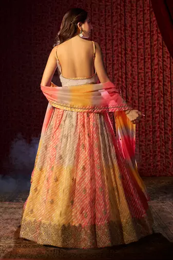  Yellow & Orange Colored Organza Embroidered And Printed Indian Lehenga Choli Designs