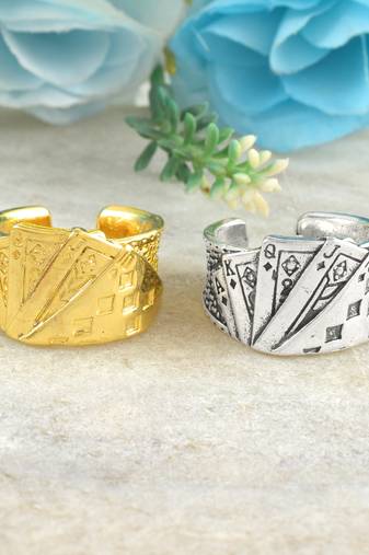 Gold & silver playing card design casino jewellery finger ring combo