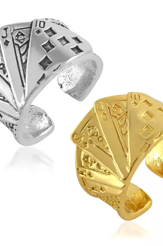 Gold & silver playing card design casino jewellery finger ring combo