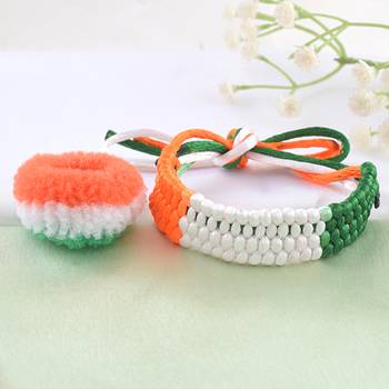Cotton tri colour tiranga bracelet and pony band combo for women 1