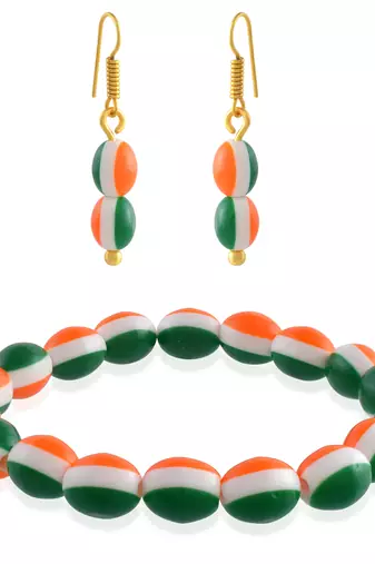 Acrylic bead tri colour tiranga bracelet & matching ear ring combo