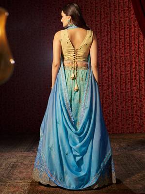 Sky-Blue Colored Organza Embroidered And Printed Indian Dress Lehenga Choli Designs 6