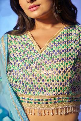 Sky-Blue Colored Organza Embroidered And Printed Indian Dress Lehenga Choli Designs 7