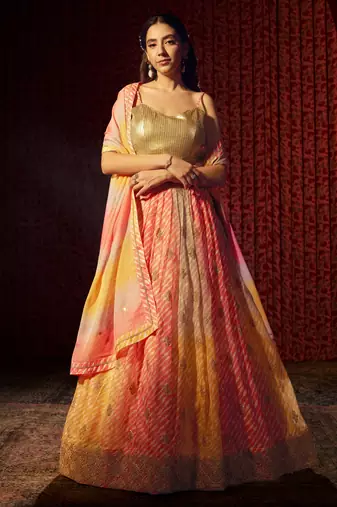  Yellow & Orange Colored Organza Embroidered And Printed Indian Lehenga Choli Designs