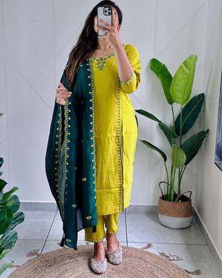Yellow Colour Roman Silk Fully hand Work Designer Full Stitched Kurti Set 1