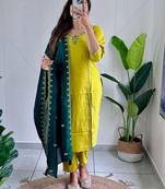 Yellow Colour Roman Silk Fully hand Work Designer Full Stitched Kurti Set