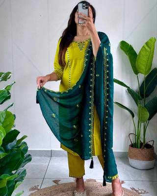 Yellow Colour Roman Silk Fully hand Work Designer Full Stitched Kurti Set 3