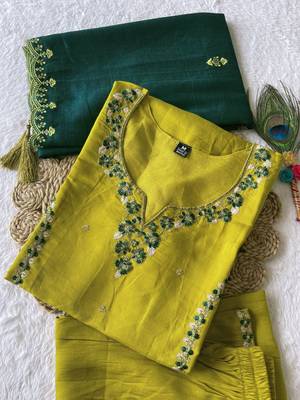 Yellow Colour Roman Silk Fully hand Work Designer Full Stitched Kurti Set 4