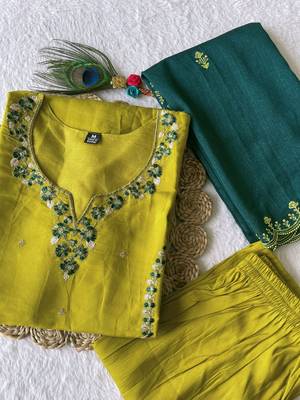 Yellow Colour Roman Silk Fully hand Work Designer Full Stitched Kurti Set 5
