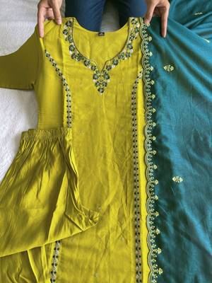 Yellow Colour Roman Silk Fully hand Work Designer Full Stitched Kurti Set 6