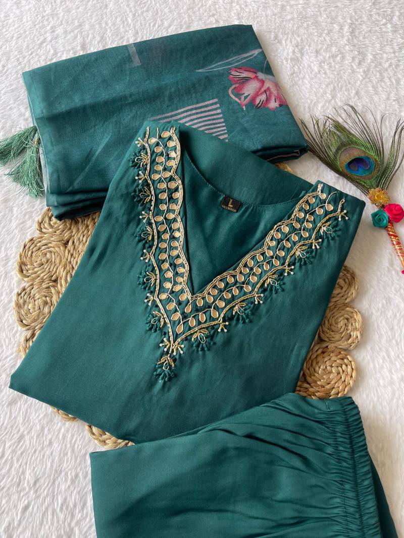 Rama Colour Roman Silk Fully hand Work Designer Full Stitched Kurti Set