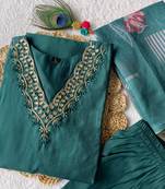 Rama Colour Roman Silk Fully hand Work Designer Full Stitched Kurti Set