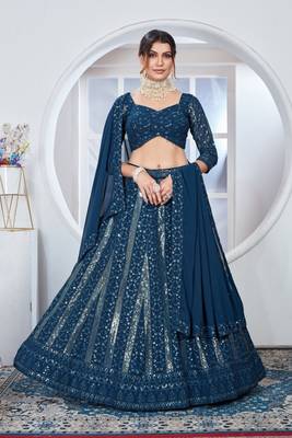 Women's Teal Faux Georgtte Embroidery & Sequence work Lehenga Choli for Party Wear 1