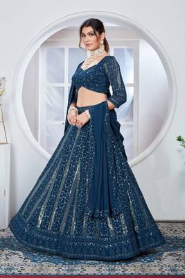 Women's Teal Faux Georgtte Embroidery & Sequence work Lehenga Choli for Party Wear 2