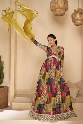 Multi embroidered georgette free size stitched gown.(Size Up to 42") 1
