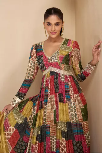 Multi embroidered georgette free size stitched gown.(Size Up to 42")