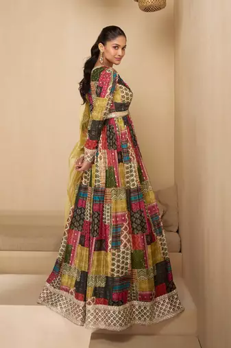 Multi embroidered georgette free size stitched gown.(Size Up to 42")