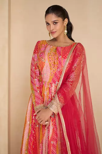 Multi embroidered georgette free size stitched gown. (size upto 42)